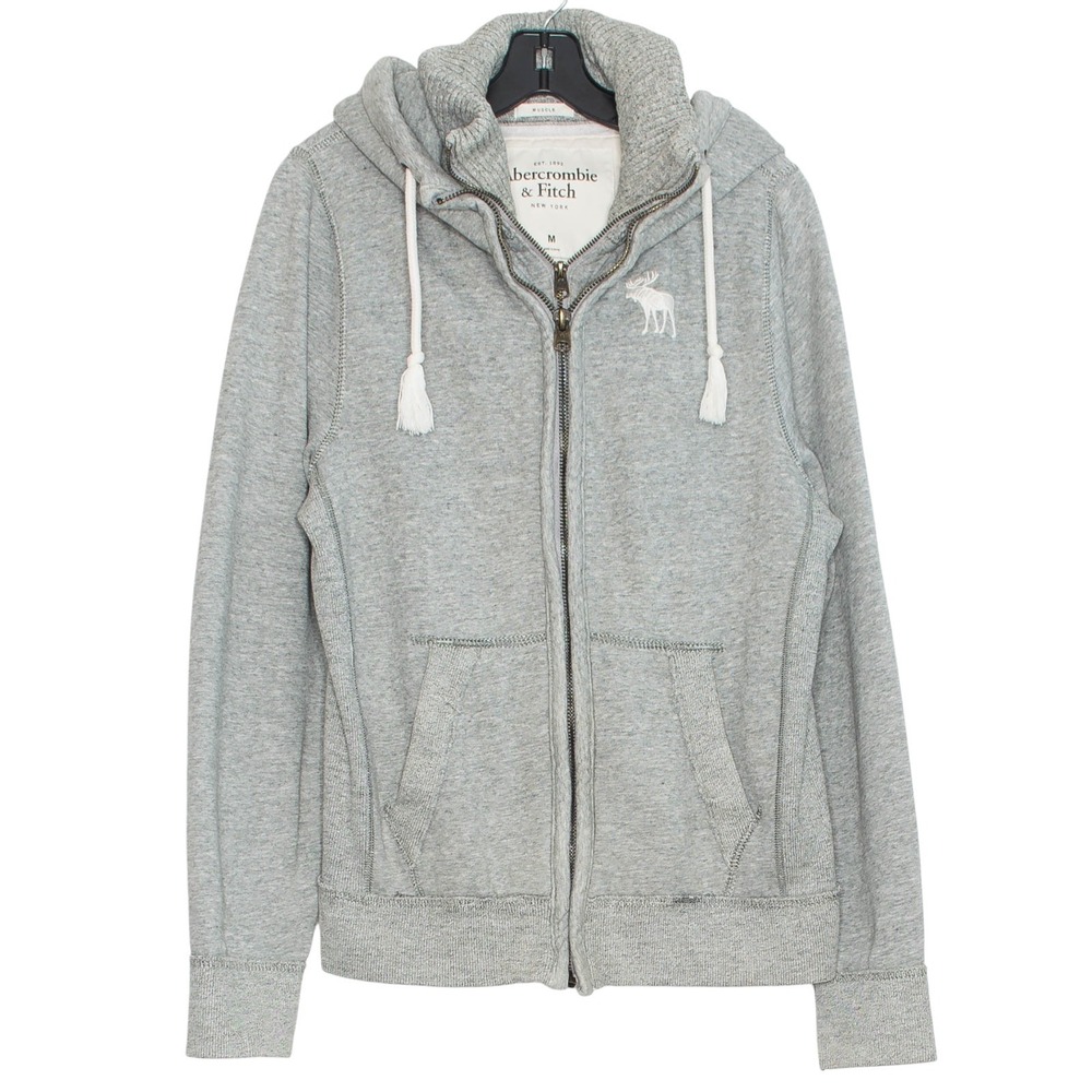 Abercrombie Muscle Hoodie Fleece Lined Logo Y2K Preppy Athleisure Zip Gray M